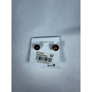 Charter Club Womens Tigers Eye Ball Stud Earrings Brown Gold Tone Genuine Stone